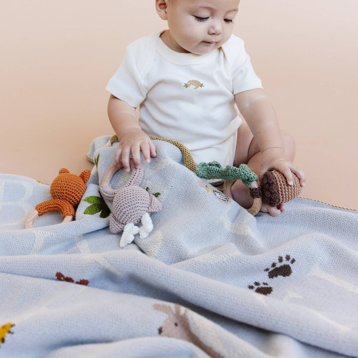 Baby playing with soft toys on a blanket