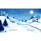 Winter landscape with snow-covered hills, trees, and a house under a full moon.