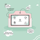 Illustration of a pink electronic device with features highlighted on a light green background