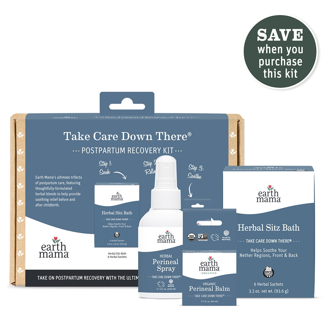 Earth Mama postpartum recovery kit with packaging and products on a white background