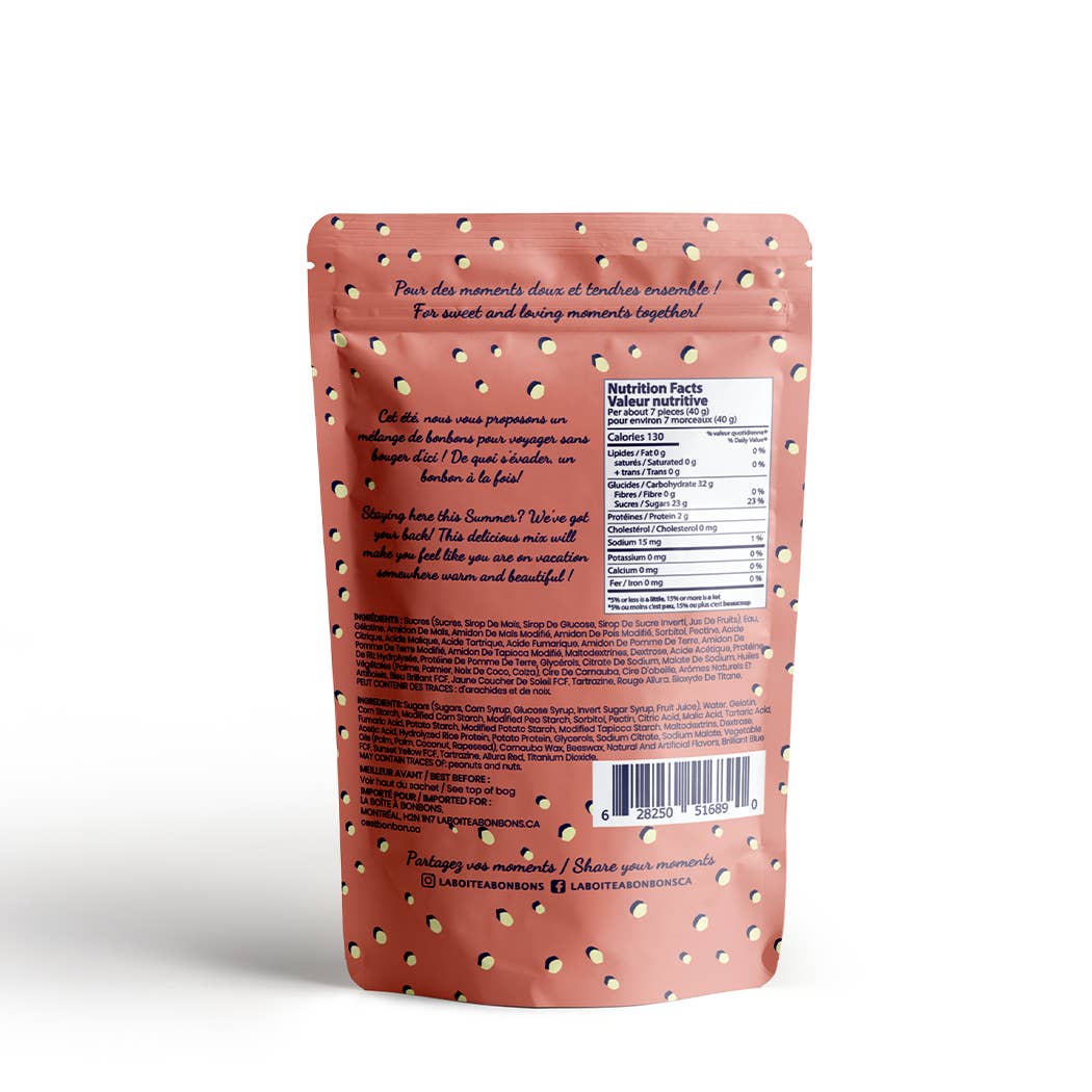 Back view of a pink pet food packaging with text and nutrition label on a white background