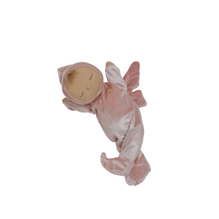 Pink plush toy with a hood on a white background