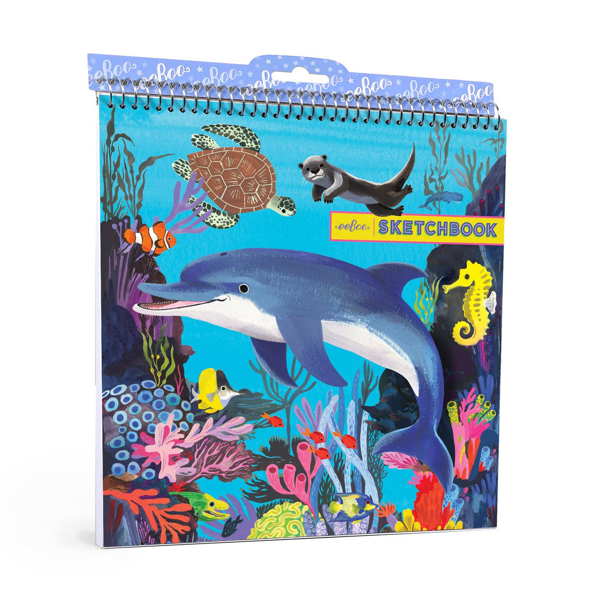 Sketchbook with ocean-themed cover featuring dolphins and sea creatures