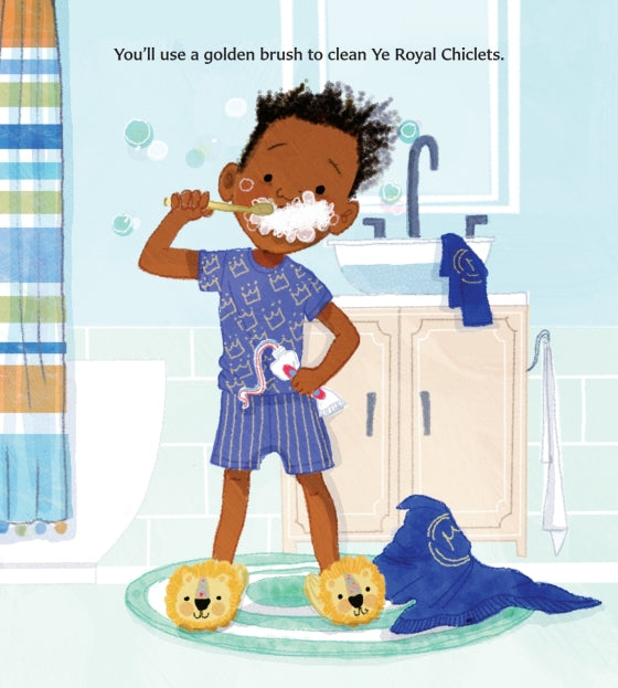 Illustration of a child brushing teeth in a bathroom with colorful decor.