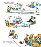 Illustrated page from a children's book with cartoon animals and objects.