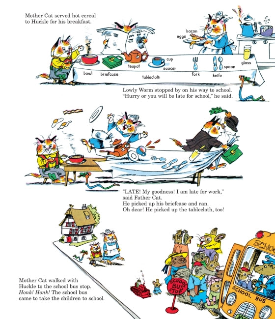 Illustrated page from a children's book with cartoon animals and objects.