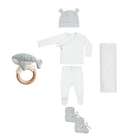 Baby clothing and accessory set including a hat, onesie, pants, booties, and a teething ring on a white background.