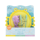 Pick-Up Pals Ocean Edition sensory toy set in its retail packaging, featuring a purple octopus figure and three teal tools on a yellow frog-shaped base.