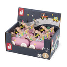 A boxed set of wooden toy cars by Janod, displayed in a dark navy retail box with colorful printed illustrations. The cars are pink with wooden roofs decorated with cartoon faces, yellow accents, and small white wheels.