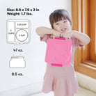 Child holding a pink container with measurements and weight displayed on a white background