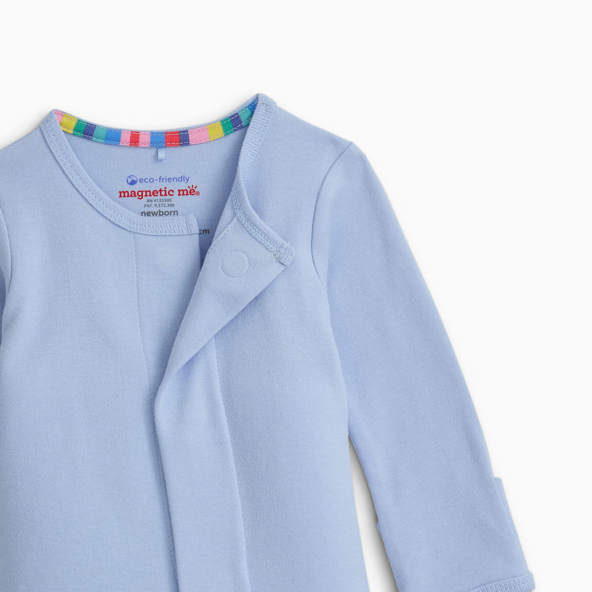 Light blue baby coat with colorful trim on a white background