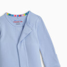 Light blue baby coat with colorful trim on a white background