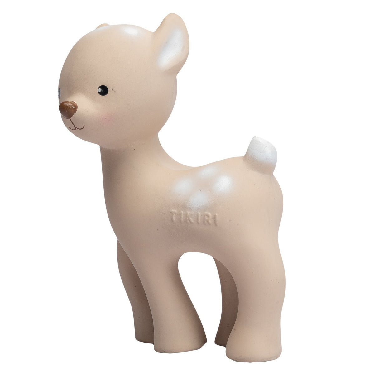 A beige rubber baby teether shaped like a cute cartoon deer with white spots and the brand name 'TIKIRI' embossed on its side, set against a plain white background.