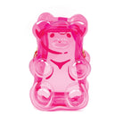 A translucent pink gummy bear phone pouch with a glossy finish and gold-tone zipper, shown on a solid white background.