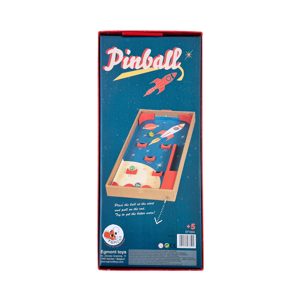 Pinball toy set packaging with rocket design on a blue background
