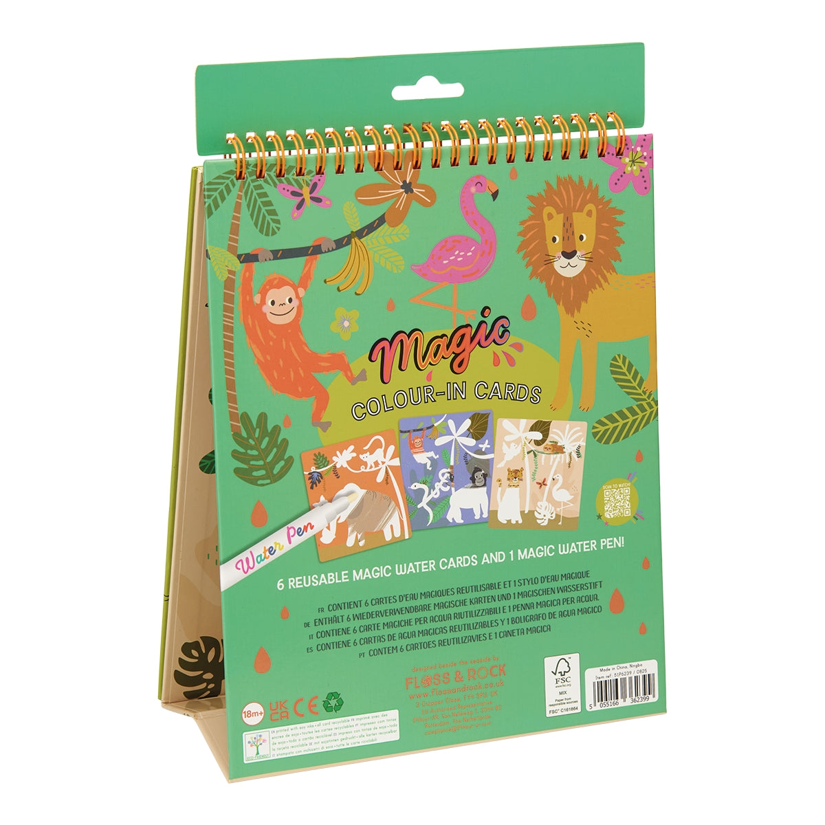 Magic Colour-in Cards stand-up booklet with a green cover, gold spiral binding, and cartoon animal illustrations including a lion, flamingo, and monkey, shown on a white background.