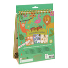 Magic Colour-in Cards stand-up booklet with a green cover, gold spiral binding, and cartoon animal illustrations including a lion, flamingo, and monkey, shown on a white background.