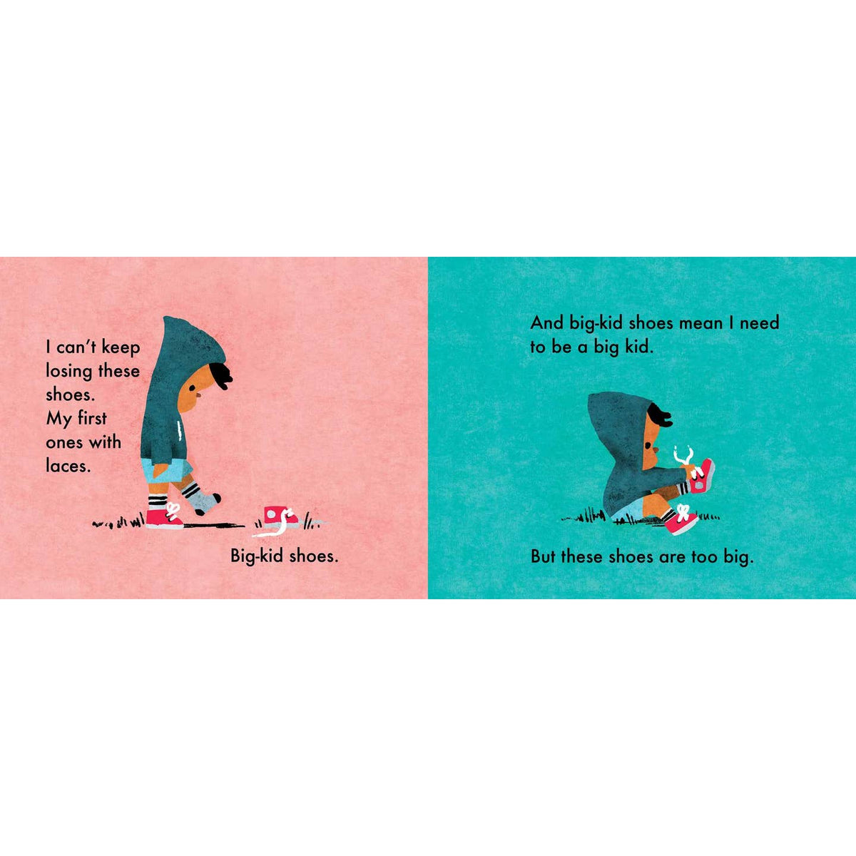 Illustration of a child in big-kid shoes with text on a pink and teal background