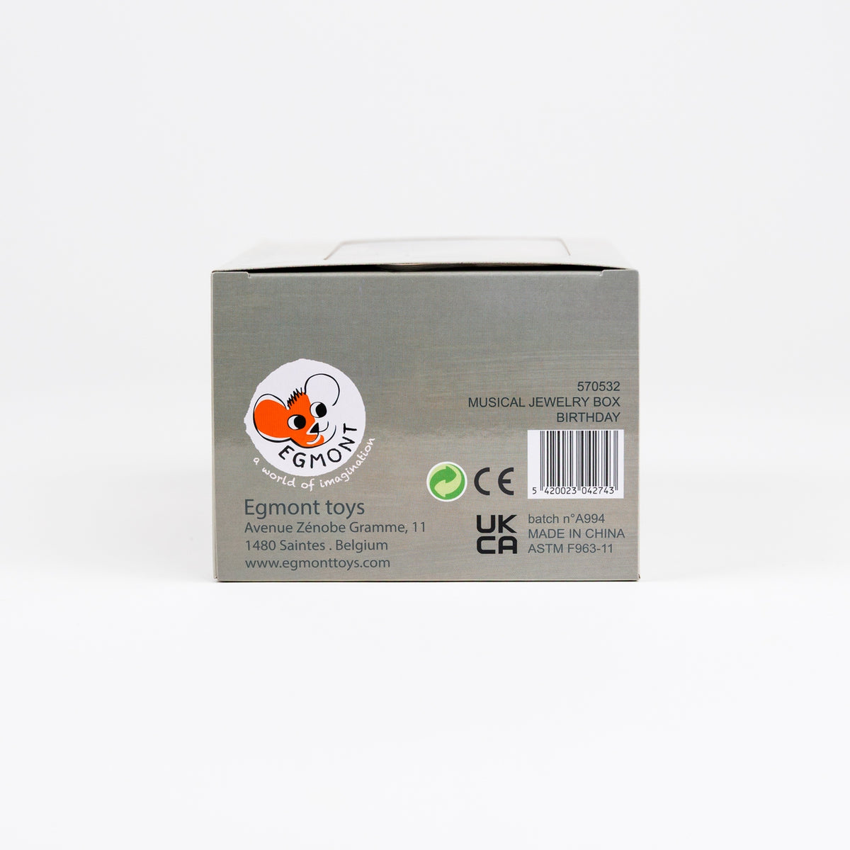 The packaging box for the Egmont Toys Musical Jewelry Box Birthday, featuring a gray cardboard box with the brand logo, barcode, and product details on a white background.