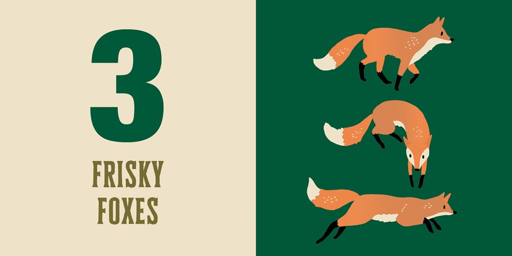 Three cartoon foxes on a green background with the text '3 Frisky Foxes' on a beige background.