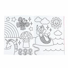 Coloring book pages with unicorn, rainbow, butterfly, and mermaid designs.