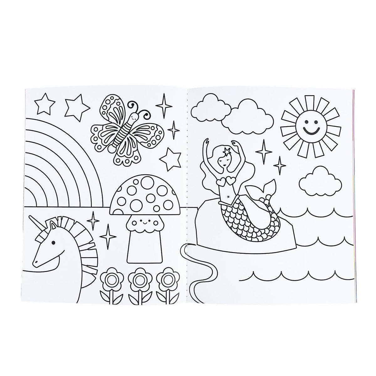 Coloring book pages with unicorn, rainbow, butterfly, and mermaid designs.
