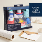 Seaside-themed gift set packaging with toys and text 'Great for gifting' on a neutral background.