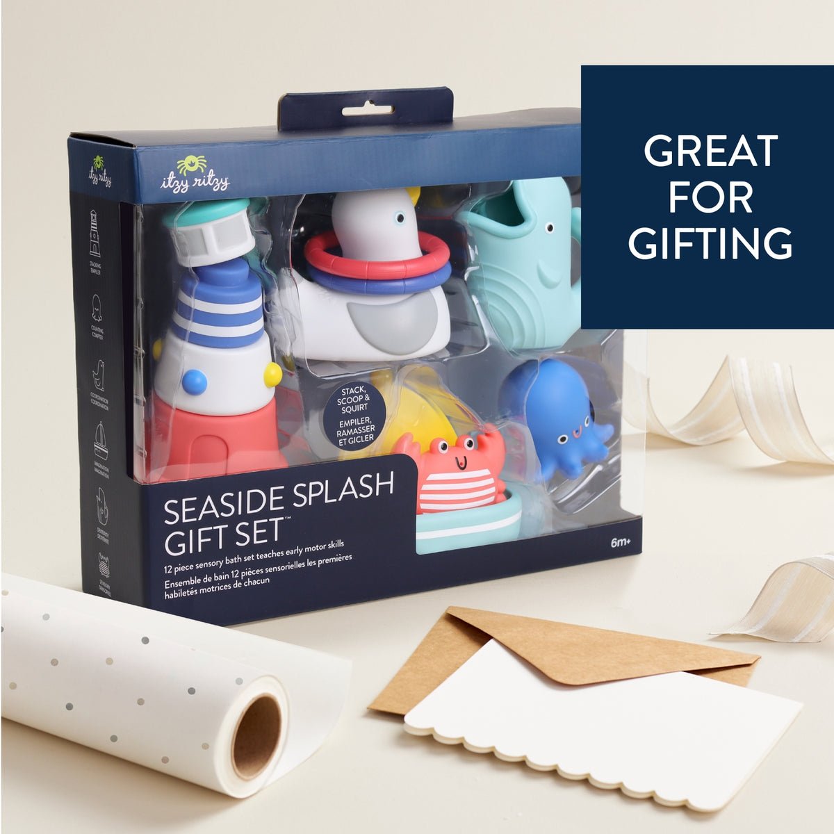 Seaside-themed gift set packaging with toys and text 'Great for gifting' on a neutral background.