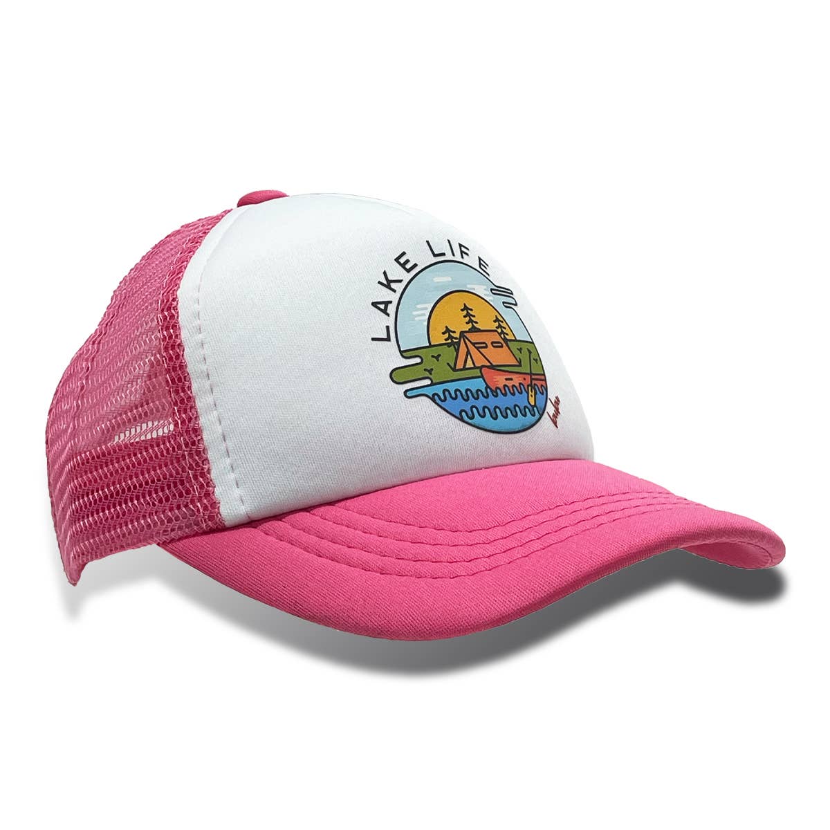 Pink and white cap with 'Lake Life' graphic on a white background