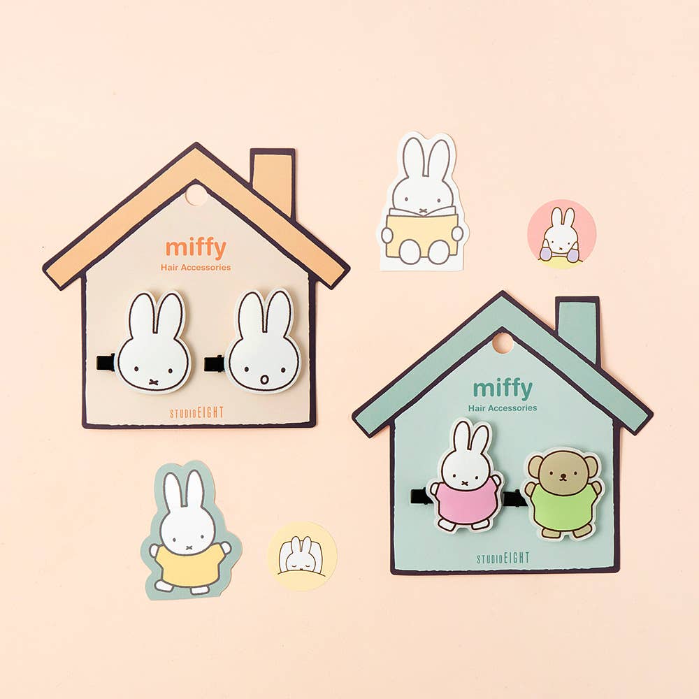 Miffy hair accessories packaging and illustrations on a beige background