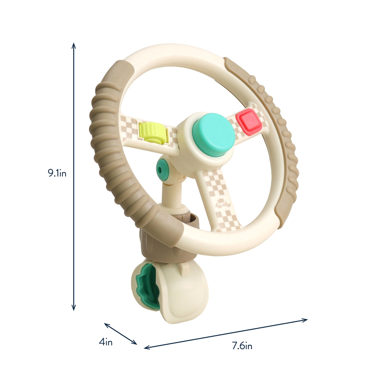 Children's toy steering wheel with colorful buttons and hose, shown with measurements on a white background.