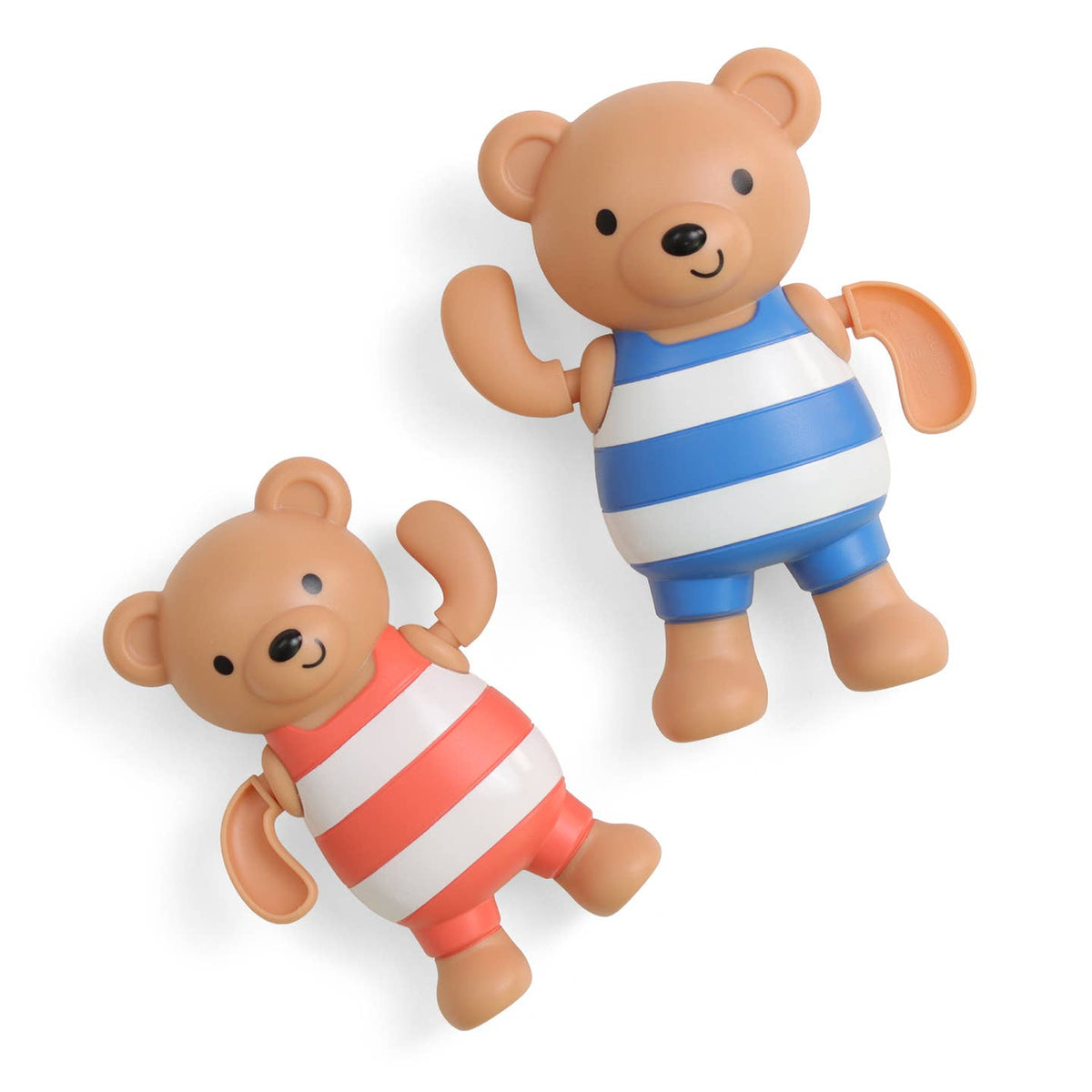 Two teddy bears wearing striped shirts on a white background