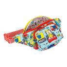 Colorful waist bag with construction vehicle pattern on a white background