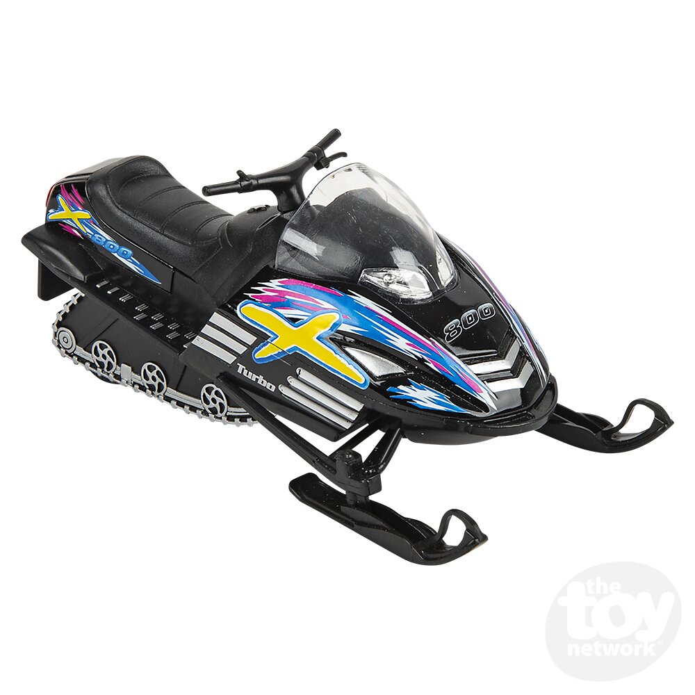 Model snowmobile with colorful design on a white background