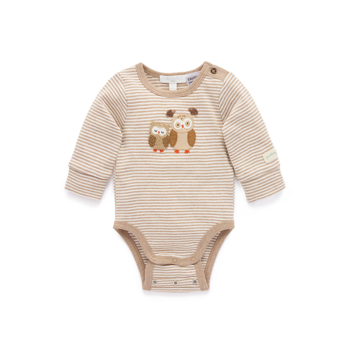 A long-sleeve baby bodysuit with beige and white horizontal stripes, featuring a central graphic of two cute cartoon owls and a small brand label on the sleeve.