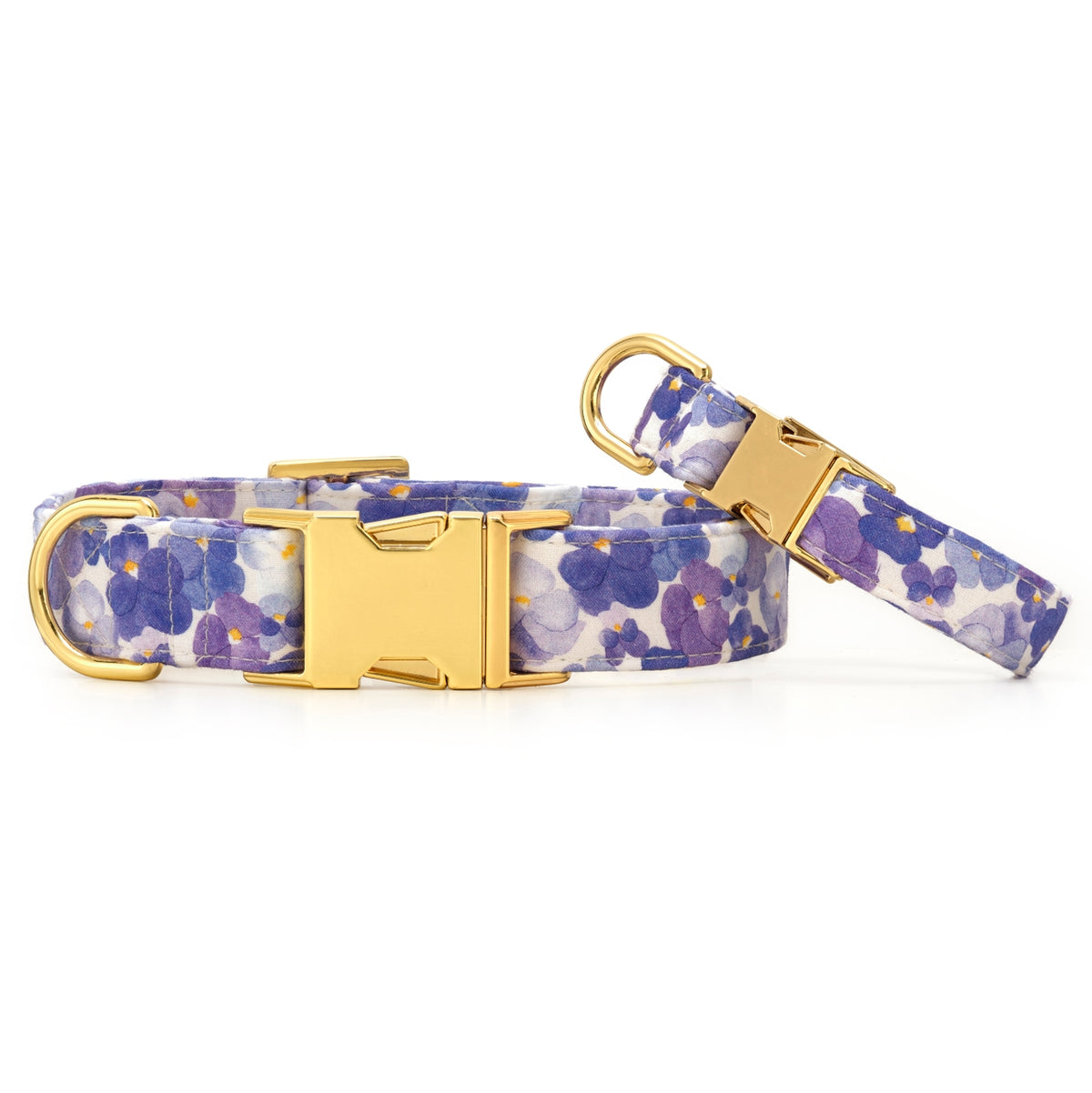 Floral-patterned dog collar with gold buckle on a white background