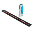 Black metal track with red and white accents next to a blue and white packaging box on a white background
