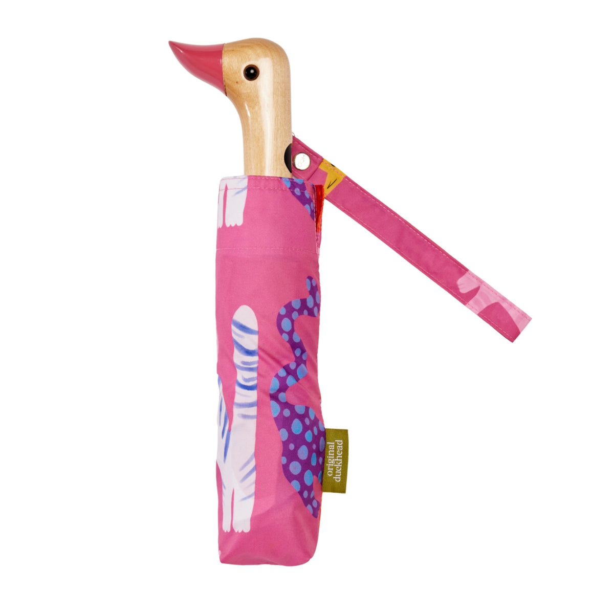 Pink umbrella with a wooden handle shaped like a duck on a white background