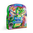The packaging box for the 'Slips and Ladders' Dragon Edition board game, featuring a colorful illustration of a green dragon, a red ladder, and a castle on a purple background.