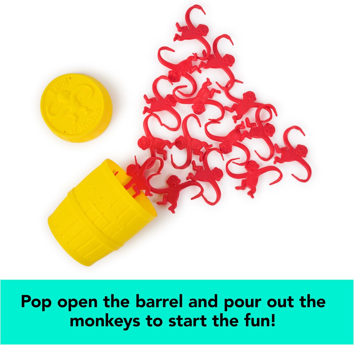 A yellow plastic storage barrel spilling out a cascading chain of red plastic monkeys, accompanied by the text "Pop open the barrel and pour out the monkeys to start the fun!" for the Barrel of Monkeys Game by Continuum Games.