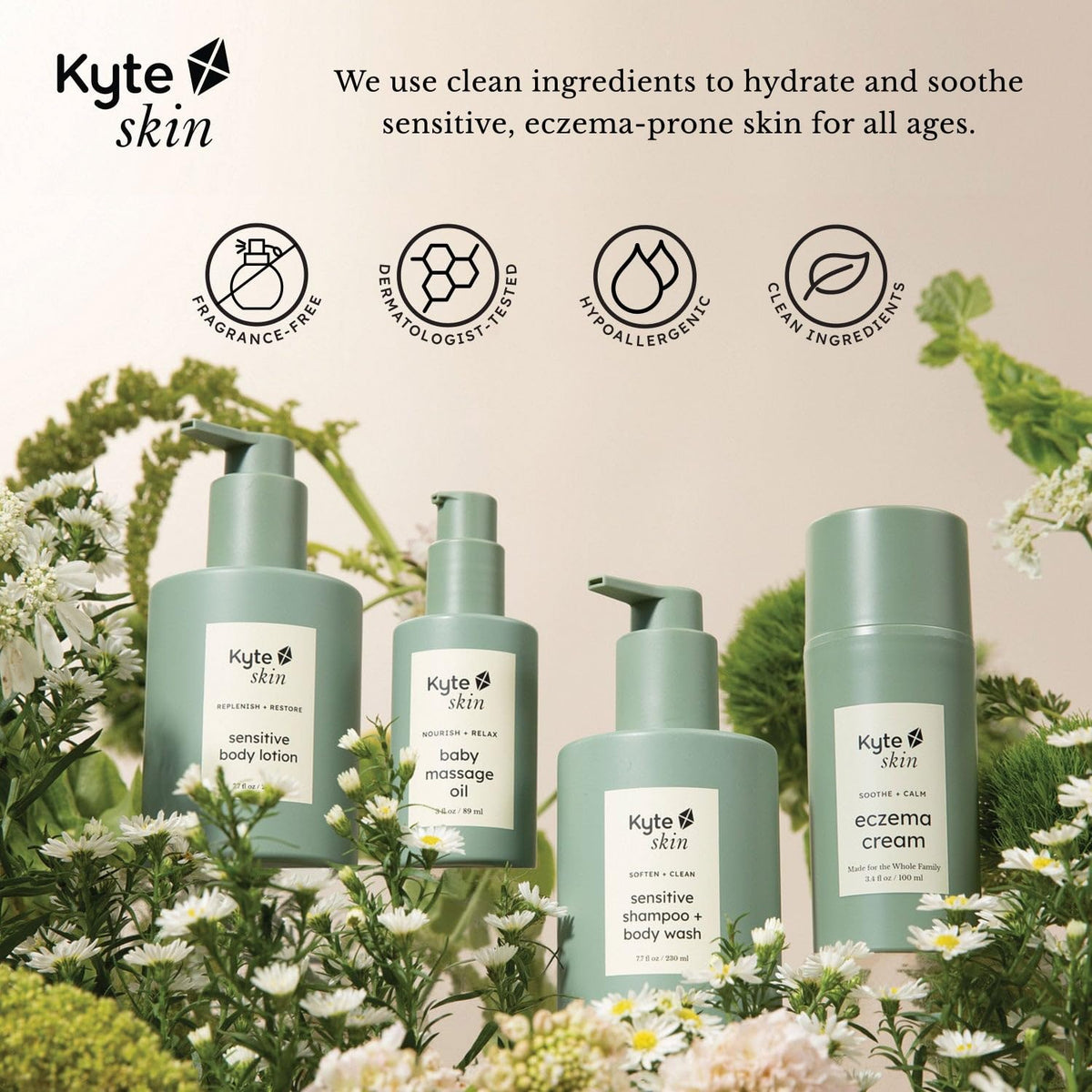 Kyte Skin skincare products with branding and product names on a natural background.
