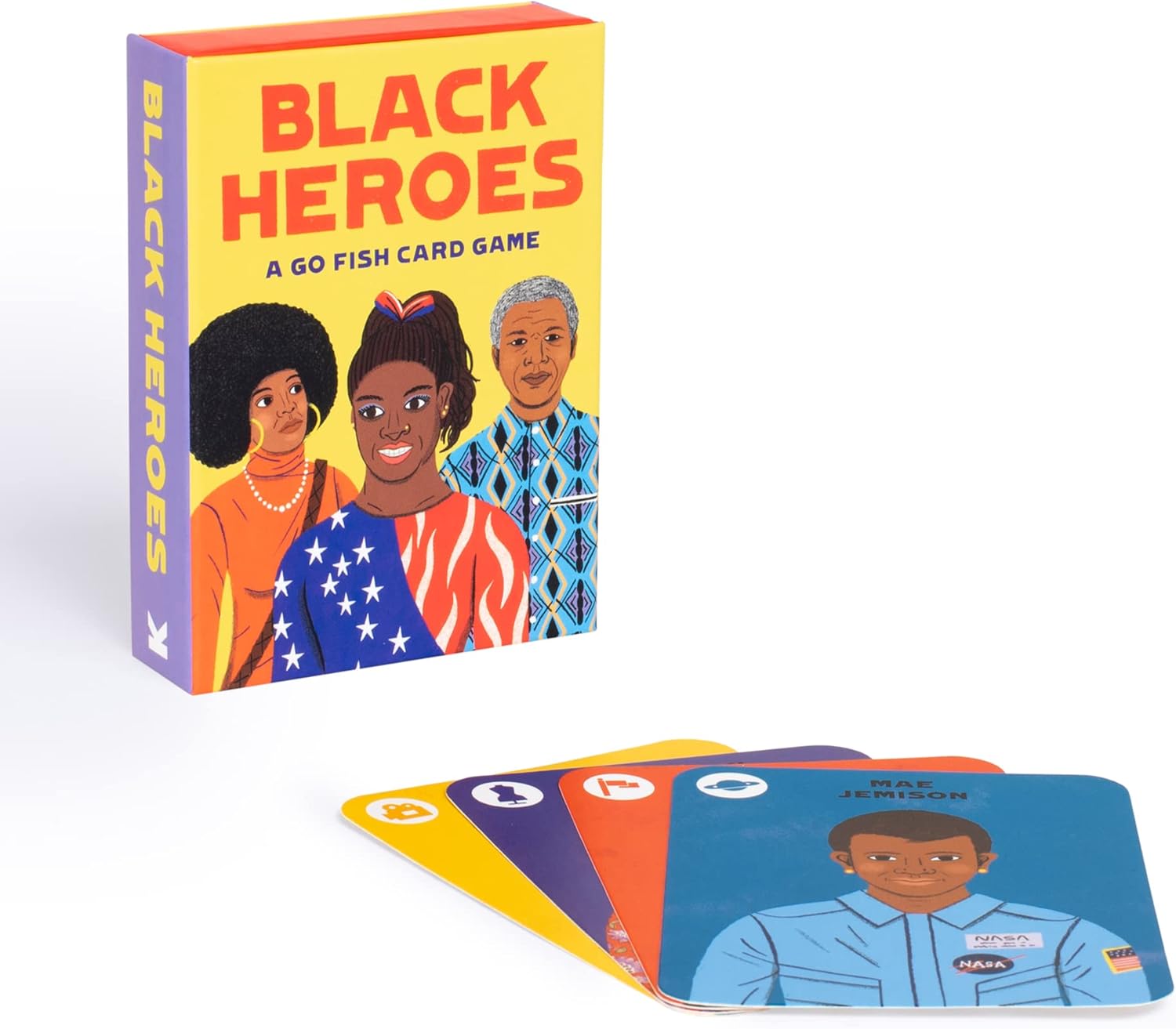 Card game box titled 'Black Heroes' with illustrated characters on a white background
