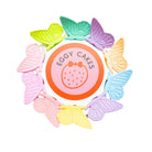 Pastel-colored butterfly-shaped cookies around a pink circular cookie with 'Eggy Cakes' branding on a white background.