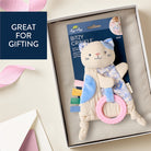 Cat-shaped baby toy with crinkle elements in packaging, labeled 'Bitzy Crinkle', on a light background.