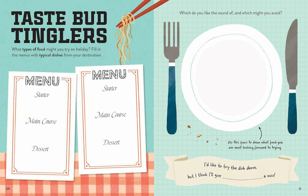 Menu design with utensils and a checkered tablecloth on a light blue background