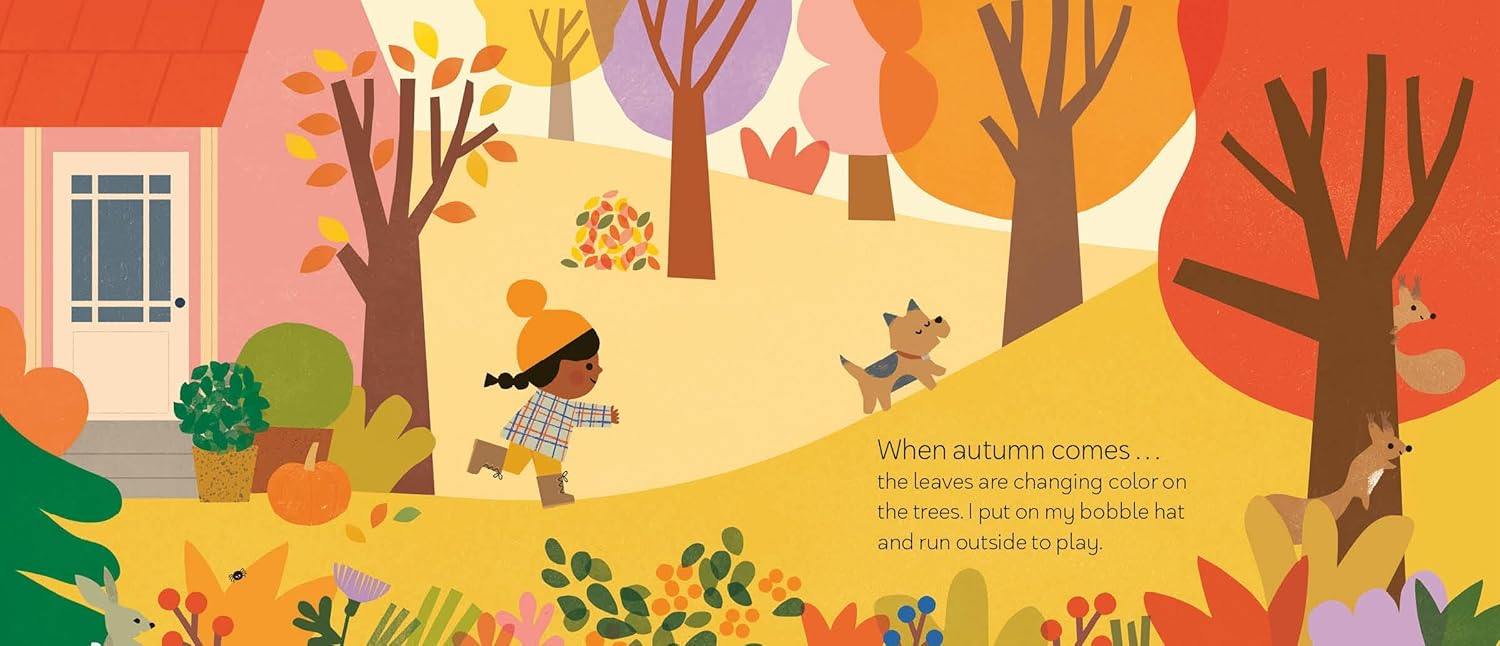 Illustration of a child and dog playing in an autumn landscape with changing leaves and a house.