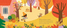 Illustration of a child and dog playing in an autumn landscape with changing leaves and a house.