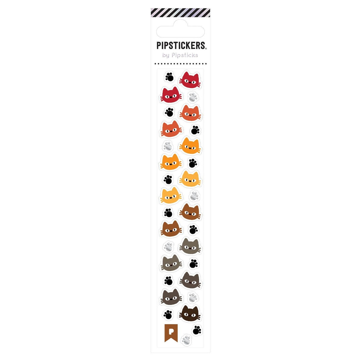 A sheet of stickers from Pipsticks featuring various cartoonish feline faces in a vertical arrangement, with colors including black, white, orange, and red, with a few stickers depicting paws and a flag.