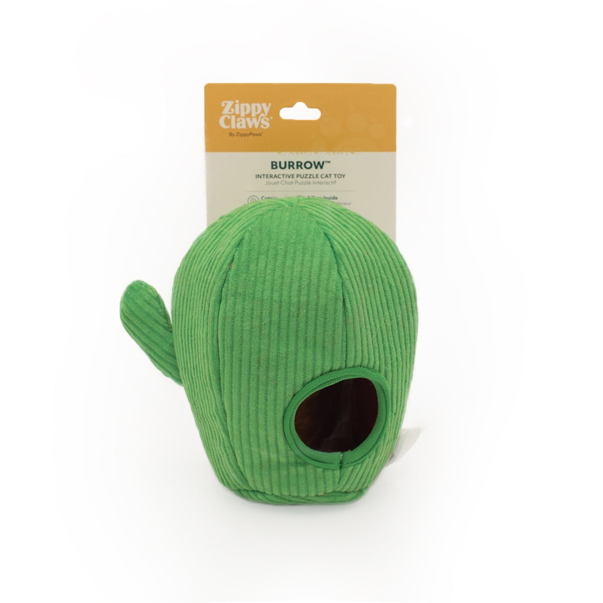 Green corduroy cactus-shaped cat toy with a hollow center and a small stem on the left, shown with its cardboard packaging card behind it on a white background. The packaging card is branded 'Zippy Claws' and labeled 'BURROW'.