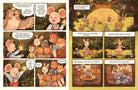 Open pages of The Star Tree: A Starlit Forest Tale featuring multiple comic-style panels with speech bubbles, showing animal characters gathering glowing stars, weaving them into clothing, and working together in cozy woodland settings.